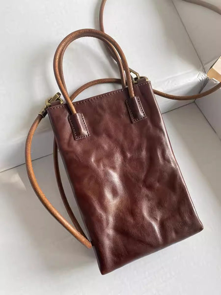 Vintage Full Grain Leather Mini Handbag Shoulder Crossbody Phone Bag Brown
