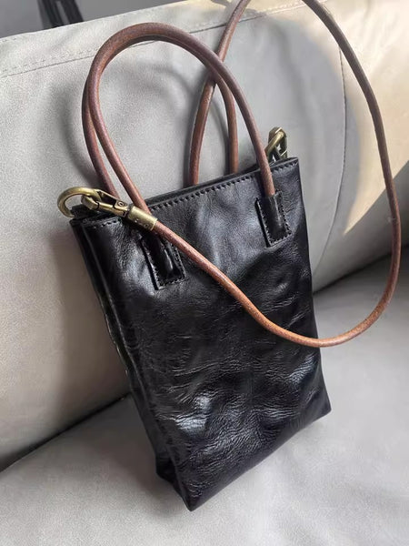 Vintage Full Grain Leather Mini Handbag Shoulder Crossbody Phone Bag Chic