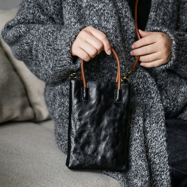 Vintage Full Grain Leather Mini Handbag Shoulder Crossbody Phone Bag Classic