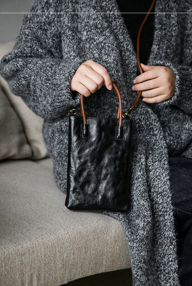 Vintage Full Grain Leather Mini Handbag Shoulder Crossbody Phone Bag Classy