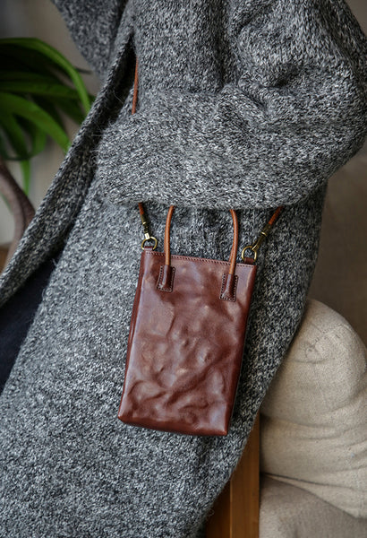Vintage Full Grain Leather Mini Handbag Shoulder Crossbody Phone Bag Cute