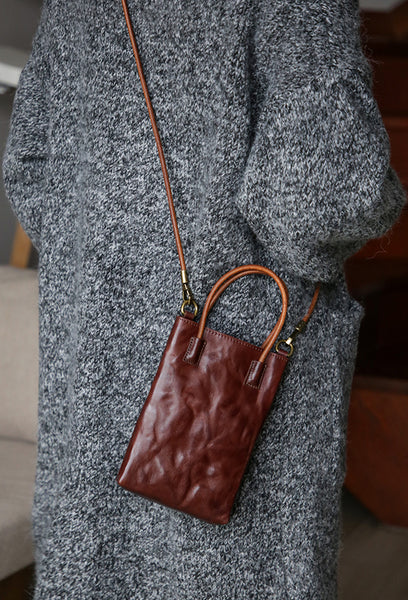 Vintage Full Grain Leather Mini Handbag Shoulder Crossbody Phone Bag Designer