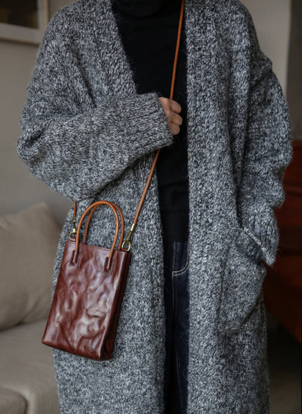 Vintage Full Grain Leather Mini Handbag Shoulder Crossbody Phone Bag Elegant