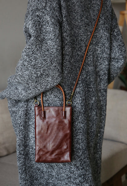 Vintage Full Grain Leather Mini Handbag Shoulder Crossbody Phone Bag Fashion