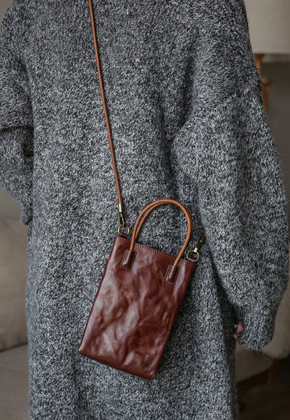 Vintage Full Grain Leather Mini Handbag Shoulder Crossbody Phone Bag Fashionable