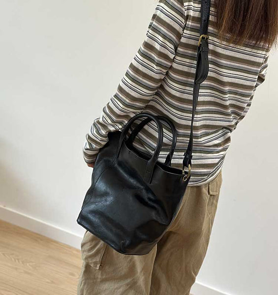Vintage Genuine Leather Bucket Bag for Women Handheld Shoulder Crossbody Purse