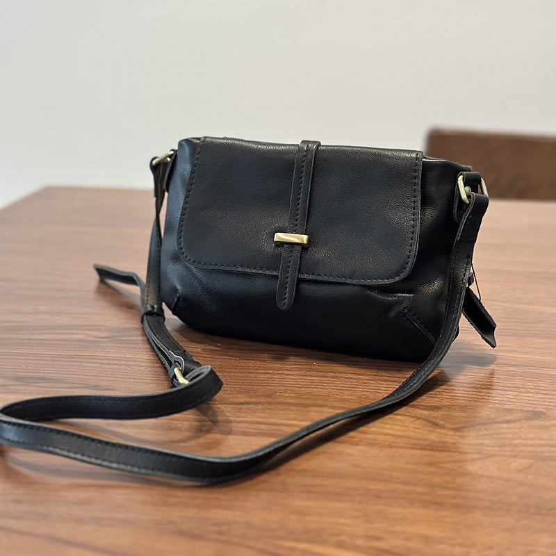 Vintage Genuine Leather Crossbody Bag for Women Small Flap Shoulder Bag with Zipper Compartments Black