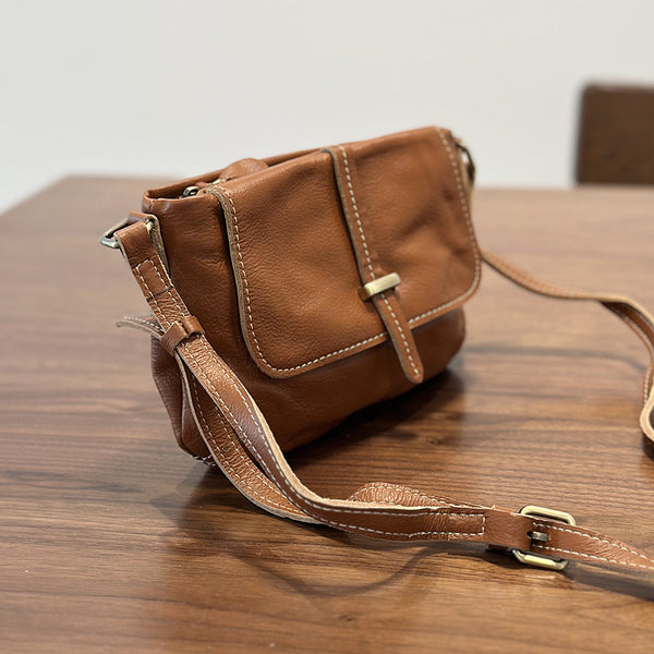 Vintage Genuine Leather Crossbody Bag for Women Small Flap Shoulder Bag with Zipper Compartments Cute