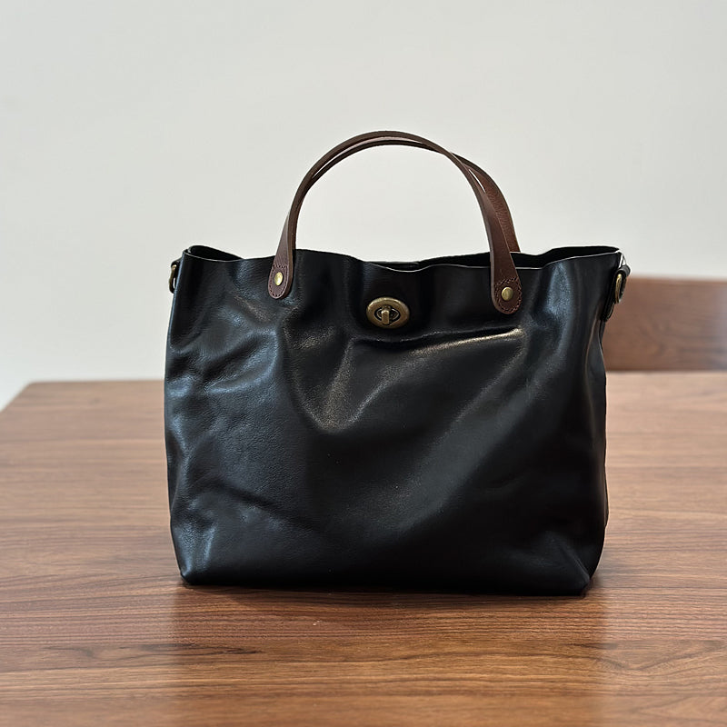 Vintage Genuine Leather Handbag for Women Real Leather Tote with Top Handle Shoulder and Crossbody Strap Black