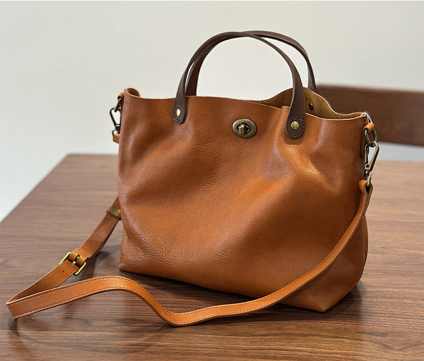 Vintage Genuine Leather Handbag for Women Real Leather Tote with Top Handle Shoulder and Crossbody Strap Handmade