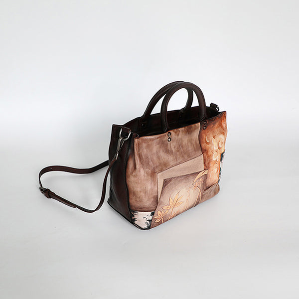 Vintage Genuine Leather Tote Bag Hand Painted Cowhide Handbag Patchwork Shoulder Bag for Women Details