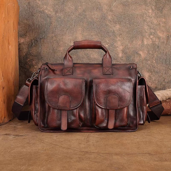 Vintage Genuine Leather Tote Bag for Women Multi Pocket Handbag with Adjustable Strap Affordable