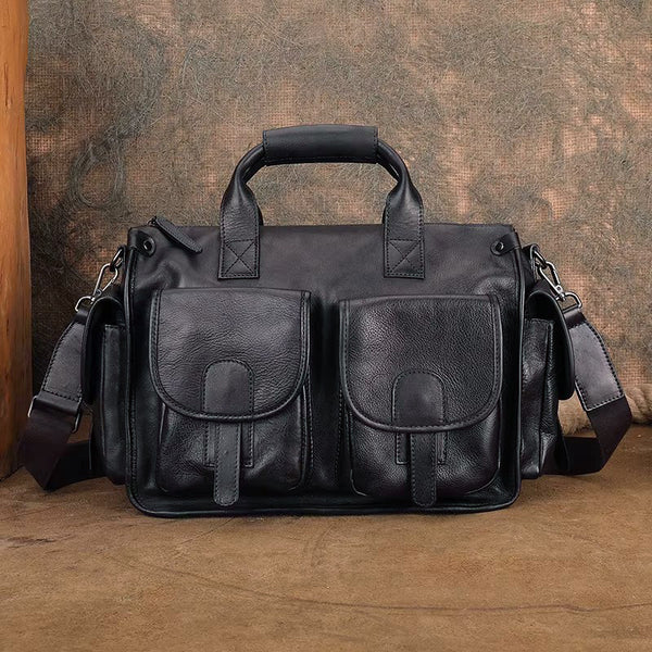 Vintage Genuine Leather Tote Bag for Women Multi Pocket Handbag with Adjustable Strap Badass