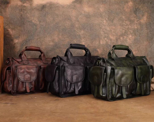 Vintage Genuine Leather Tote Bag for Women Multi Pocket Handbag with Adjustable Strap Beautiful