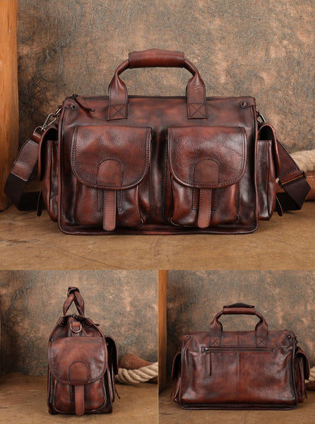 Vintage Genuine Leather Tote Bag for Women Multi Pocket Handbag with Adjustable Strap Brown