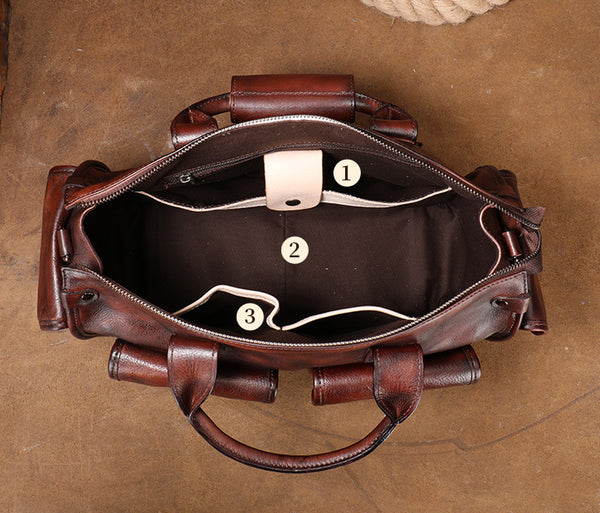 Vintage Genuine Leather Tote Bag for Women Multi Pocket Handbag with Adjustable Strap Capacity