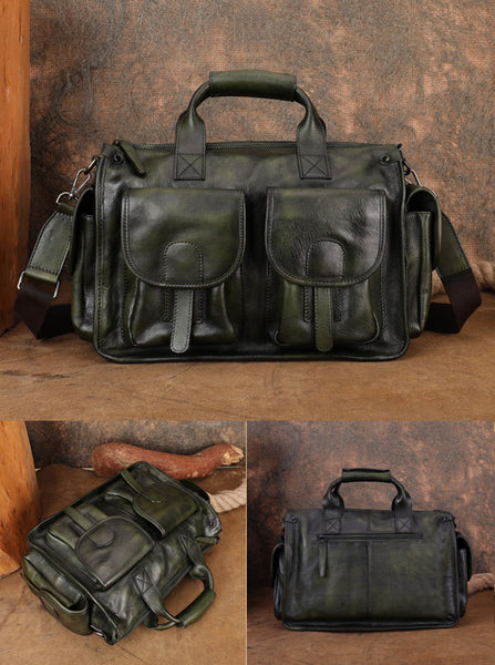 Vintage Genuine Leather Tote Bag for Women-Multi Pocket Handbag with Adjustable Strap