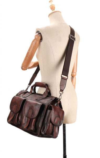 Vintage Genuine Leather Tote Bag for Women Multi Pocket Handbag with Adjustable Strap Classic
