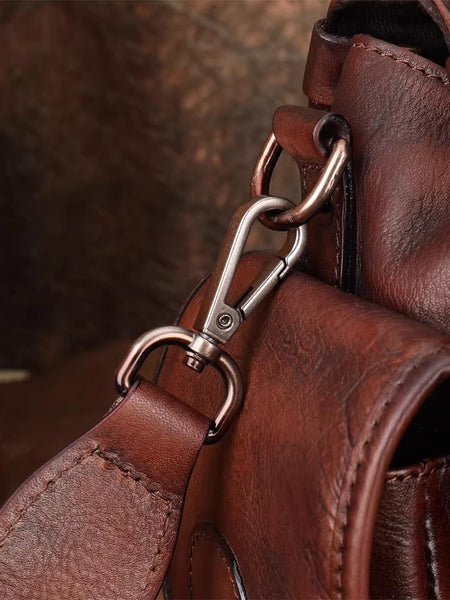 Vintage Genuine Leather Tote Bag for Women Multi Pocket Handbag with Adjustable Strap Cowhide