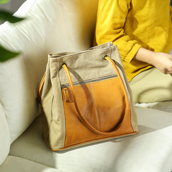 Vintage Ladies Canvas And Leather Tote Canvas Tote Bags For Women Casual