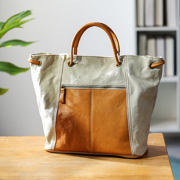 Vintage Ladies Canvas And Leather Tote Canvas Tote Bags For Women Details