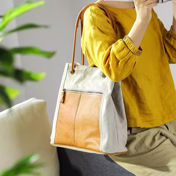 Vintage Ladies Canvas And Leather Tote Canvas Tote Bags For Women Durable