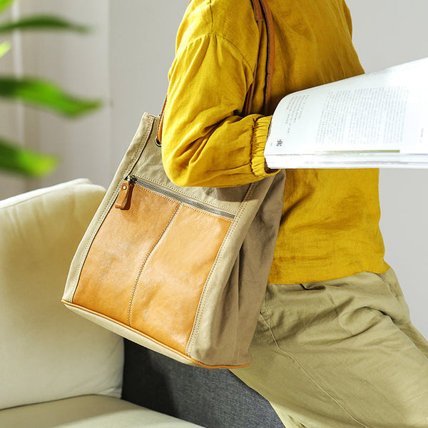 Vintage Ladies Canvas And Leather Tote Canvas Tote Bags For Women Elegant