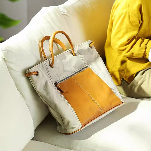 Vintage Ladies Canvas And Leather Tote Canvas Tote Bags For Women Fashion