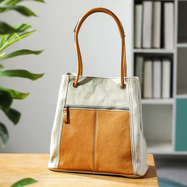 Vintage Ladies Canvas And Leather Tote Canvas Tote Bags For Women Fashionable