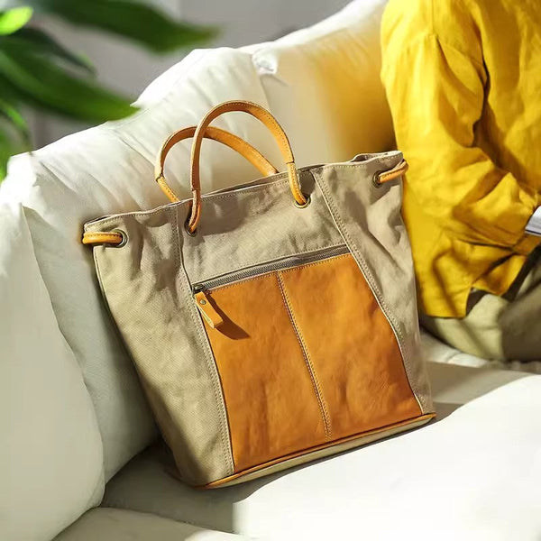 Vintage Ladies Canvas And Leather Tote Canvas Tote Bags For Women Front