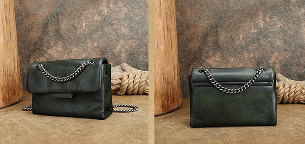 Small Ladies Leather Square Green Shoulder Bag Chain Crossbody Bag