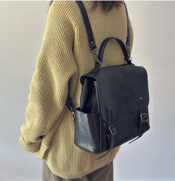 Vintage Leather Backpack Purse for Women Convertible Handbag with Top Handle and Zipper Compartments Cowhide