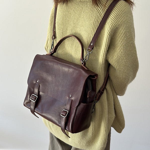 Vintage Leather Backpack Purse for Women Convertible Handbag with Top Handle and Zipper Compartments Elegant