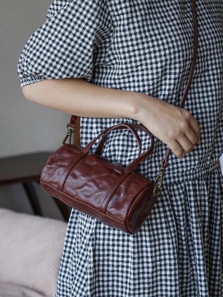Vintage Leather Barrel Bag Womens Cylinder Crossbody Shoulder Phone Purse