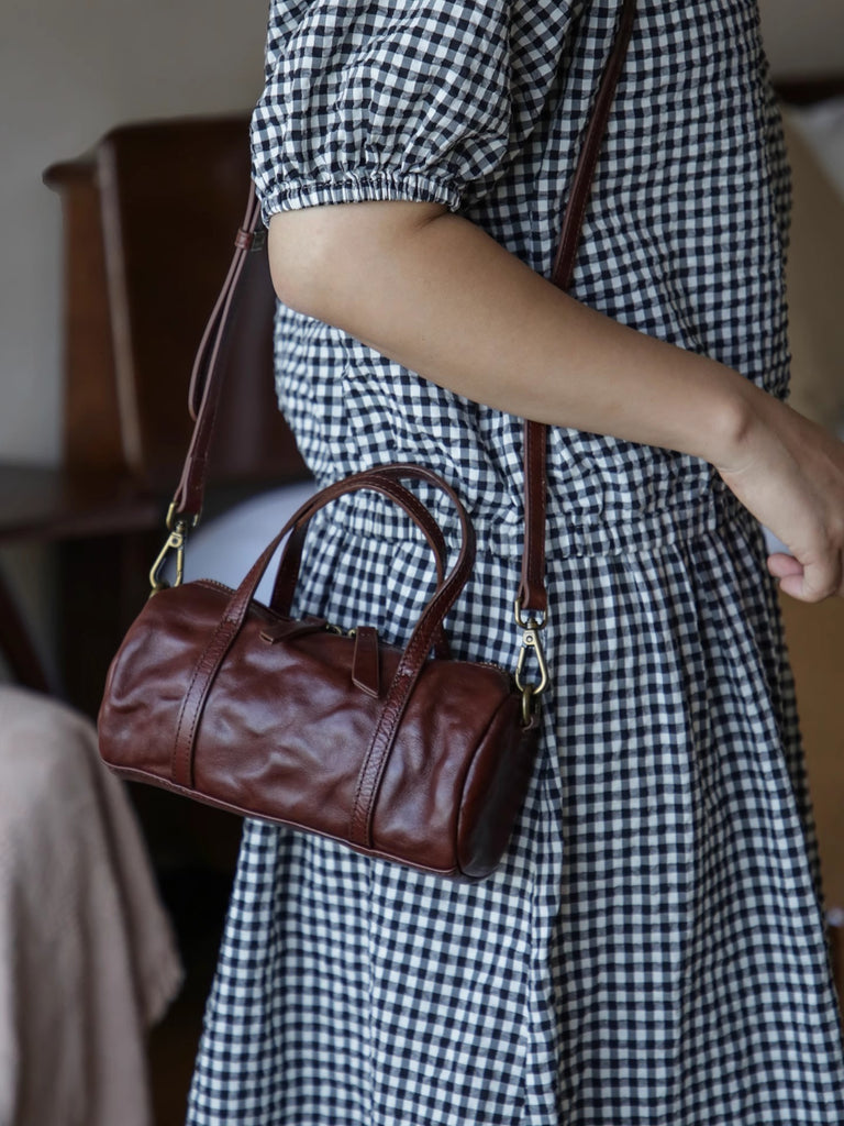 Vintage Leather Barrel Bag Womens Cylinder Crossbody Shoulder Phone Purse Aesthetic