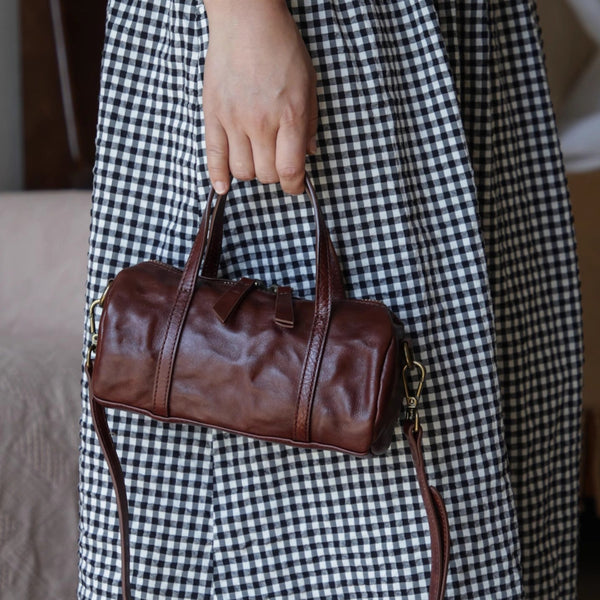 Vintage Leather Barrel Bag Womens Cylinder Crossbody Shoulder Phone Purse Affordable