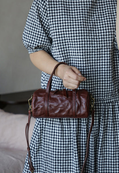 Vintage Leather Barrel Bag Womens Cylinder Crossbody Shoulder Phone Purse Beautiful