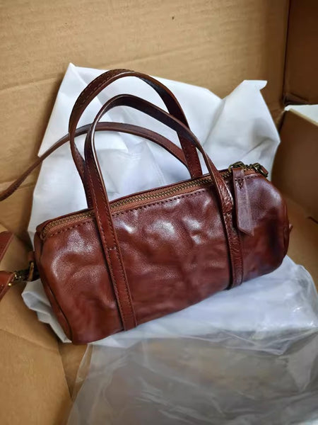 Vintage Leather Barrel Bag Womens Cylinder Crossbody Shoulder Phone Purse Brown