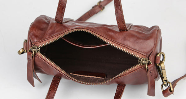 Vintage Leather Barrel Bag Womens Cylinder Crossbody Shoulder Phone Purse Capacity