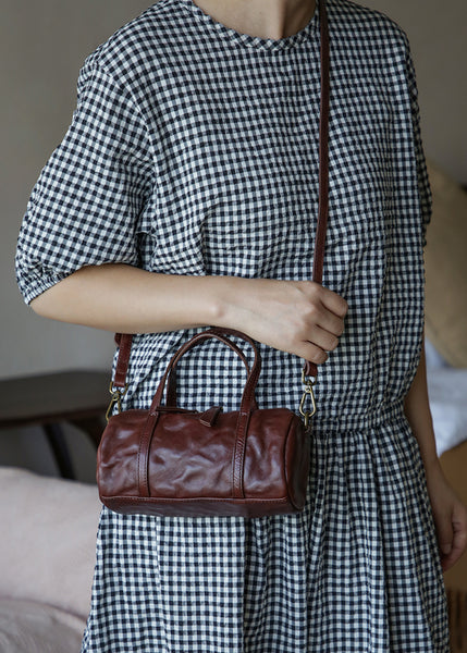 Vintage Leather Barrel Bag Womens Cylinder Crossbody Shoulder Phone Purse Chic