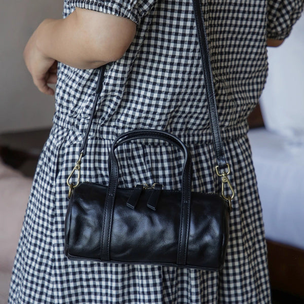 Vintage Leather Barrel Bag Womens Cylinder Crossbody Shoulder Phone Purse Classy