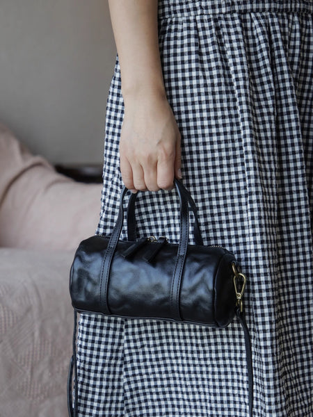 Womens Genuine Leather Round Barrel Handbag Retro Phone Bag with Shoulder Strap