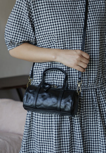 Vintage Leather Barrel Bag Womens Cylinder Crossbody Shoulder Phone Purse Cowhide