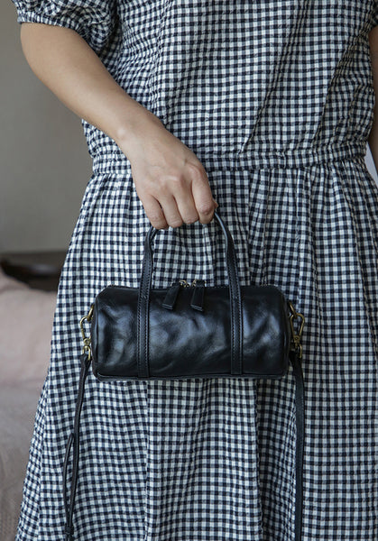 Vintage Leather Barrel Bag Womens Cylinder Crossbody Shoulder Phone Purse Designer