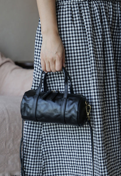 Vintage Leather Barrel Bag Womens Cylinder Crossbody Shoulder Phone Purse Durable