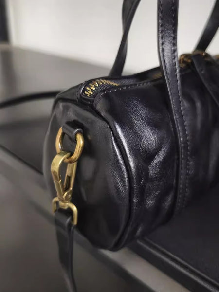 Vintage Leather Barrel Bag Womens Cylinder Crossbody Shoulder Phone Purse Elegant