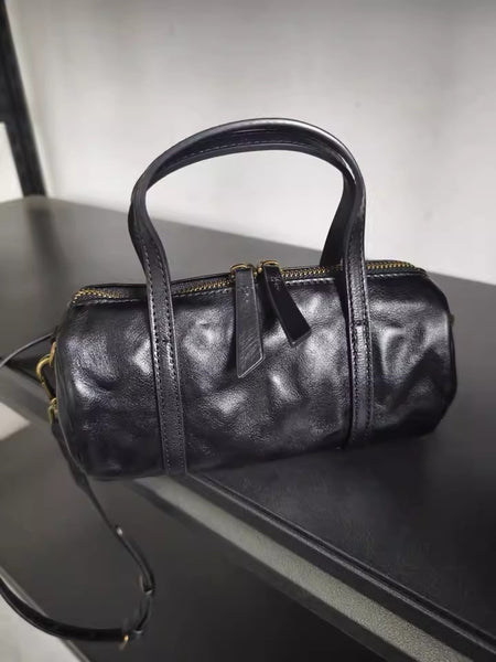 Vintage Leather Barrel Bag Womens Cylinder Crossbody Shoulder Phone Purse Fashion