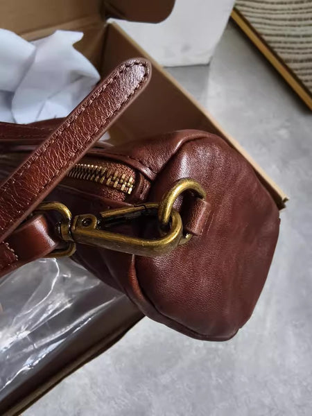 Vintage Leather Barrel Bag Womens Cylinder Crossbody Shoulder Phone Purse Genuine-Leather