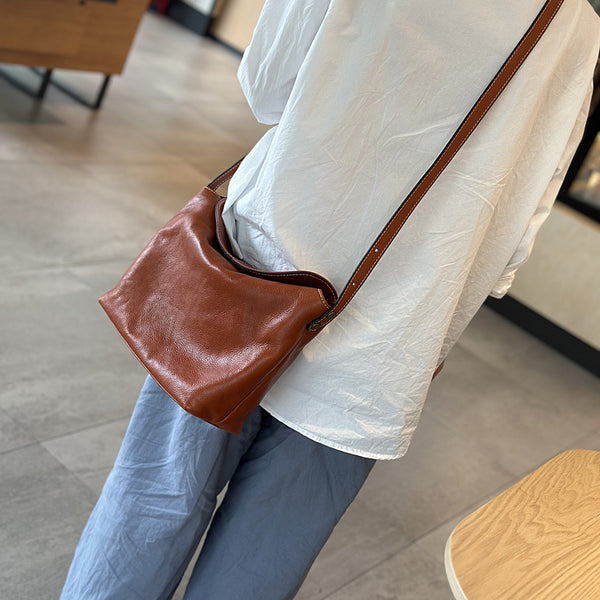 Vintage Leather Crossbody Bag for Women Soft Vegetable Tanned Leather Funky