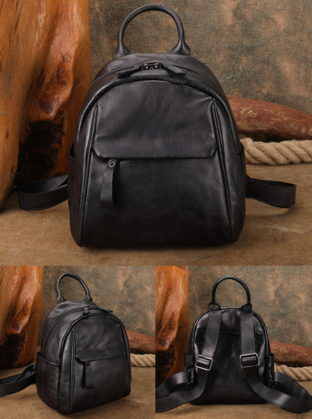 Vintage Leather Mini Backpack for Women Black Leather Rucksack Womens Black